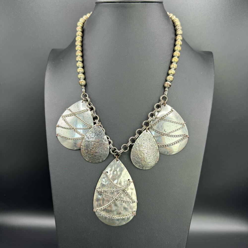 Silver Tone Statement Necklace Chain Wrapped Teardrops Beaded